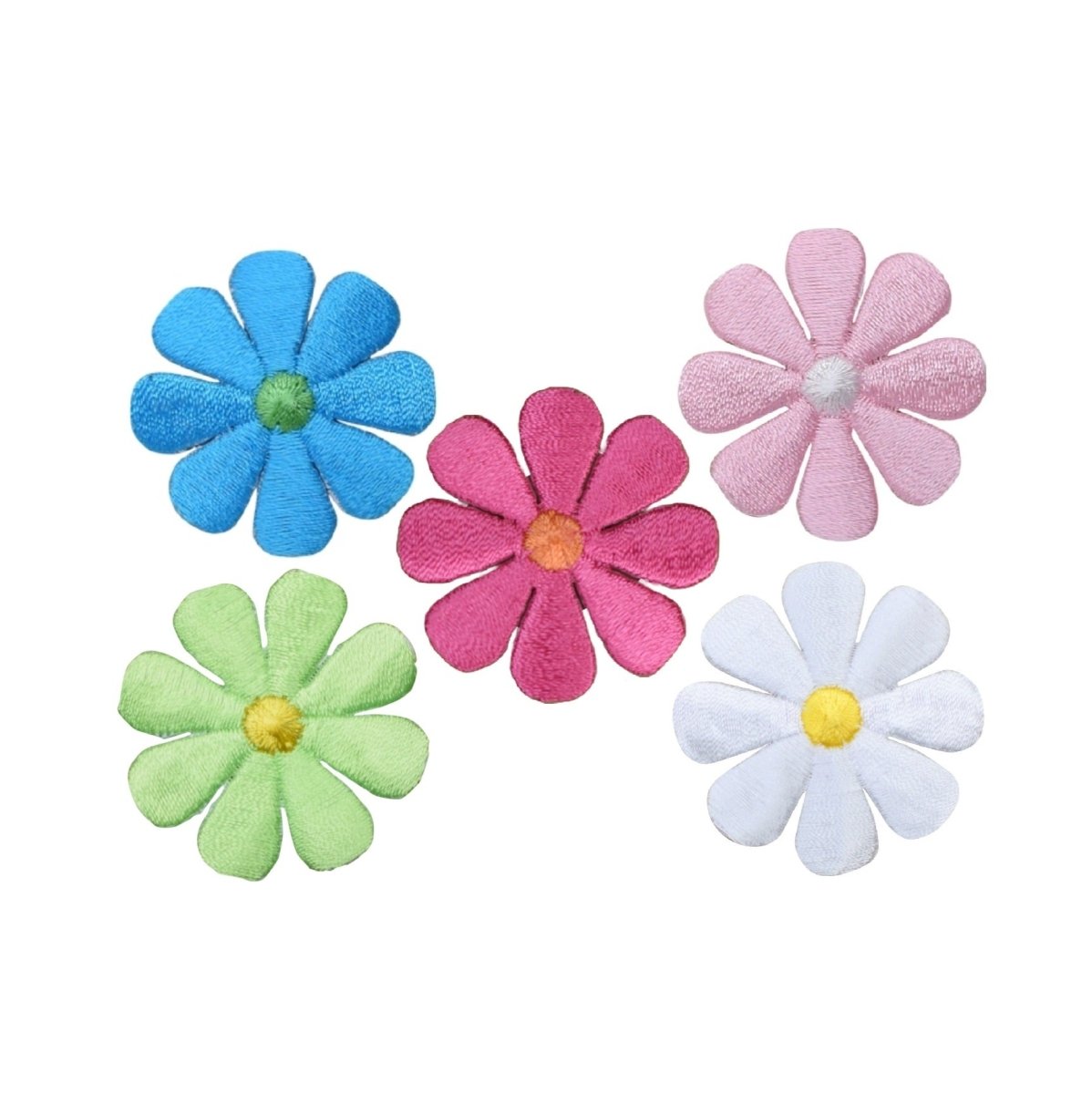 Five colorful daisy embroidered patches, each 1.5 inches