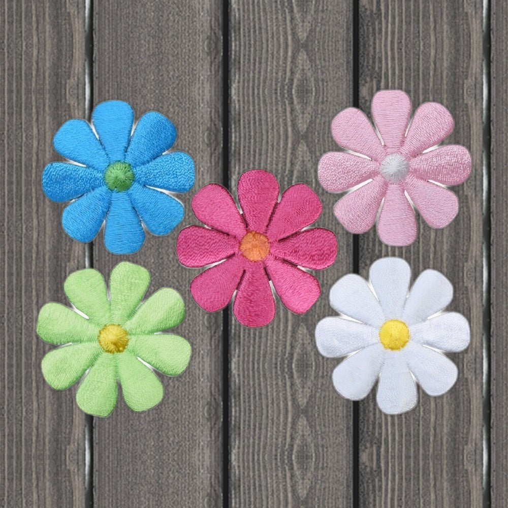 Daisy Embroidered Patch - 5-Pack, Colorful Flower Badges, 1.5" - Iron On - wood background