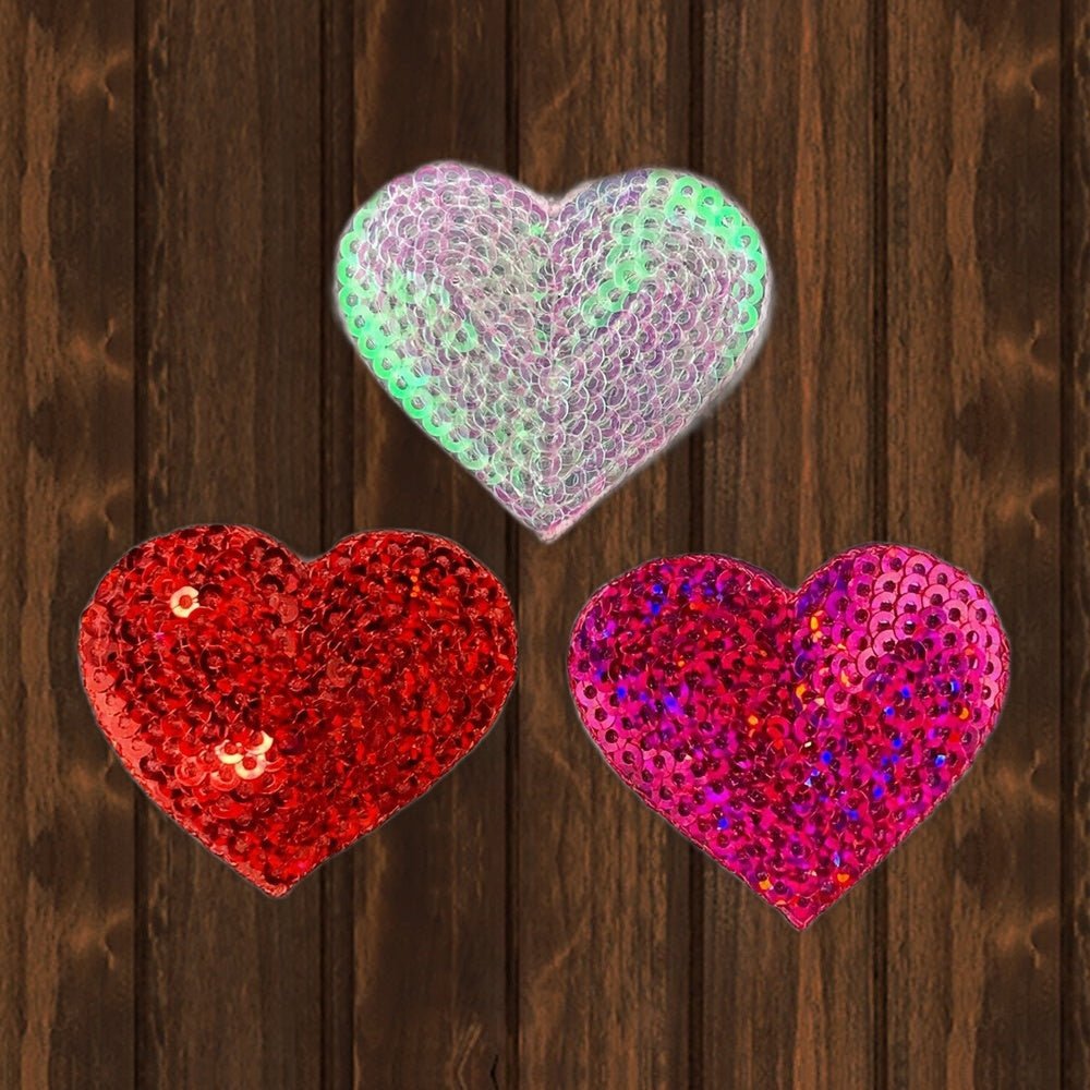 Sequin Heart Embroidered Patch - 3-Pack - Iron On - wood background