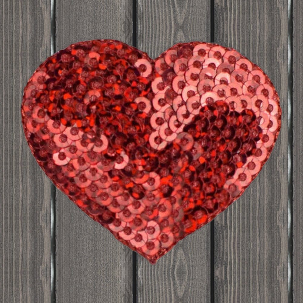 Small Sequin Heart Applique Patch - Red Valentine's Badge (1.75") - wood background