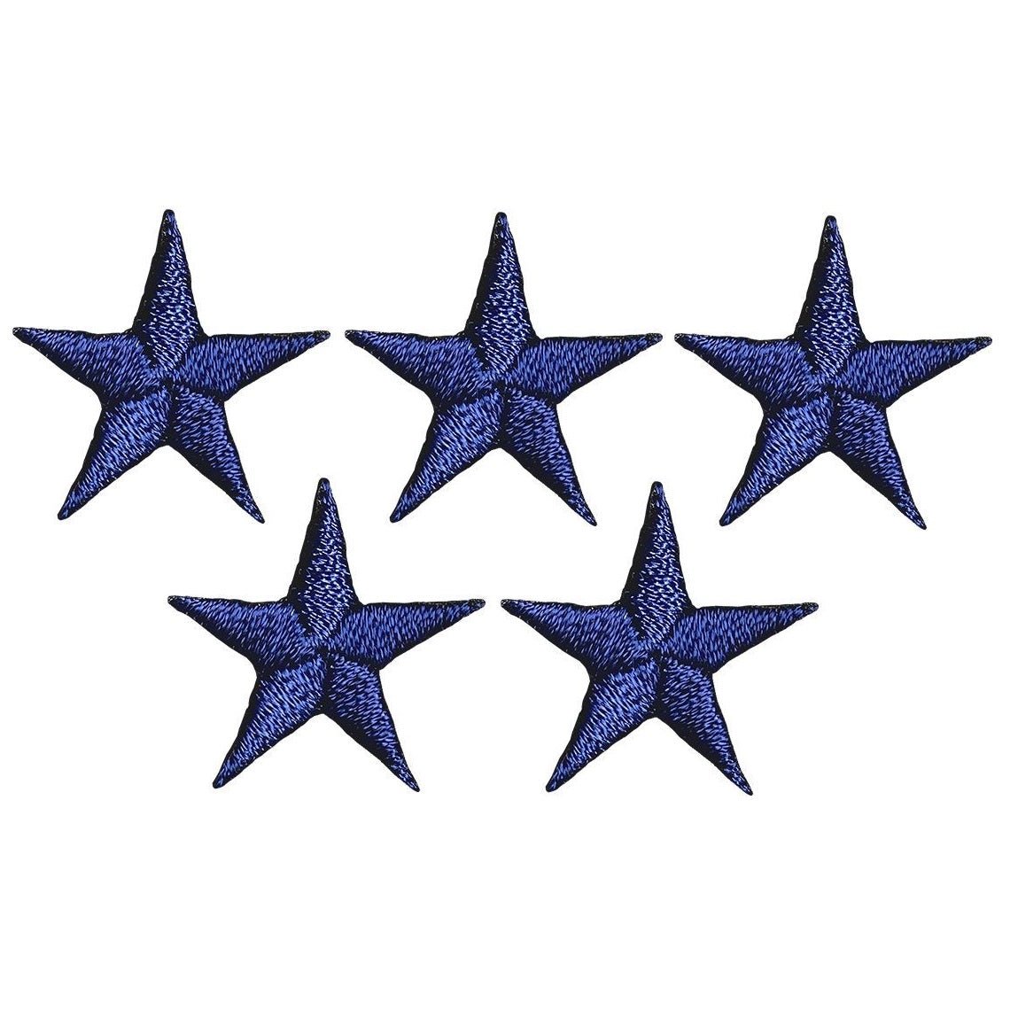 Five navy blue star embroidered patches, each 7/8 inch