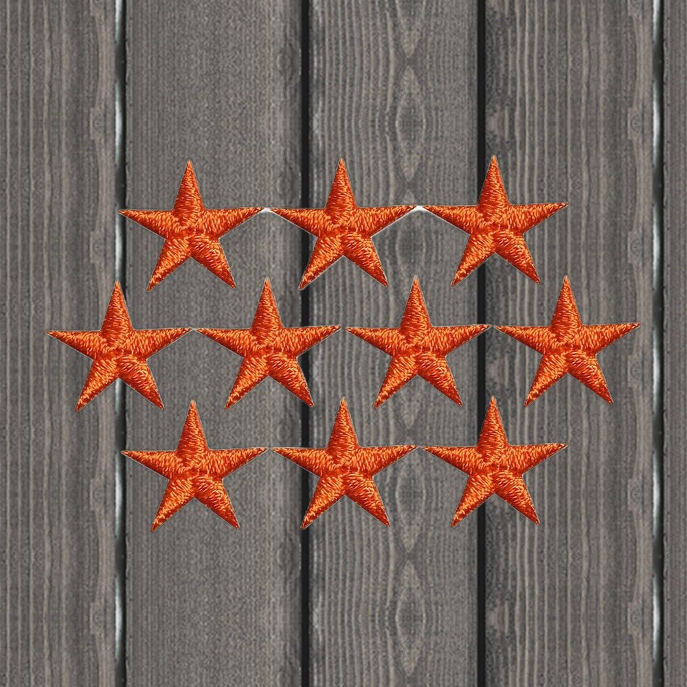 Star Applique Patch - Orange Embroidered Badge 5/8" (10-Pack, Iron-On) - wood background