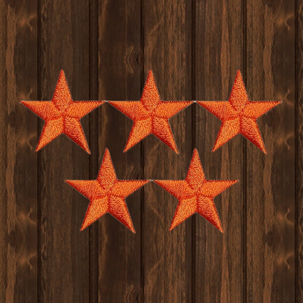 Star Applique Patch - Orange Embroidered Star Badge 7/8" (5-Pack, Iron-On) - wood background