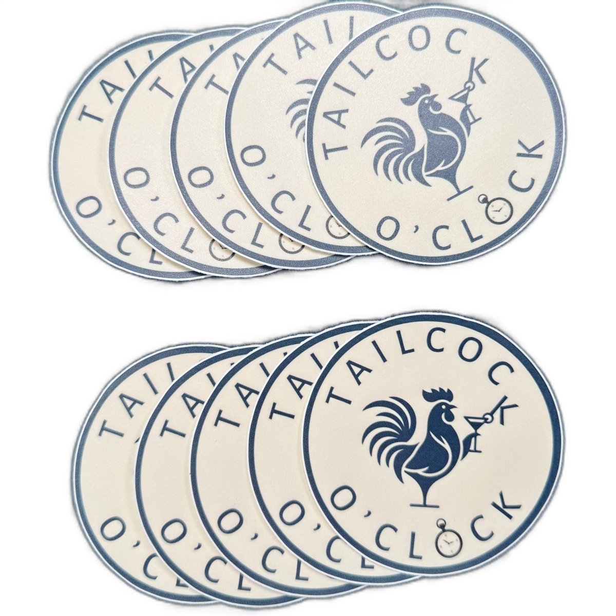 Ten round Tailcock O'Clock vinyl stickers with a rooster holding a cocktail.