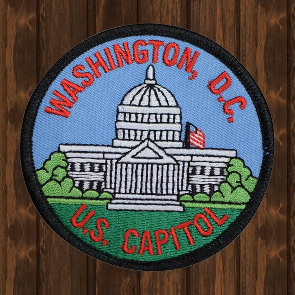 Washington D.C. Patch - USA Capitol District of Columbia Badge 3" (Iron-On) - wood background