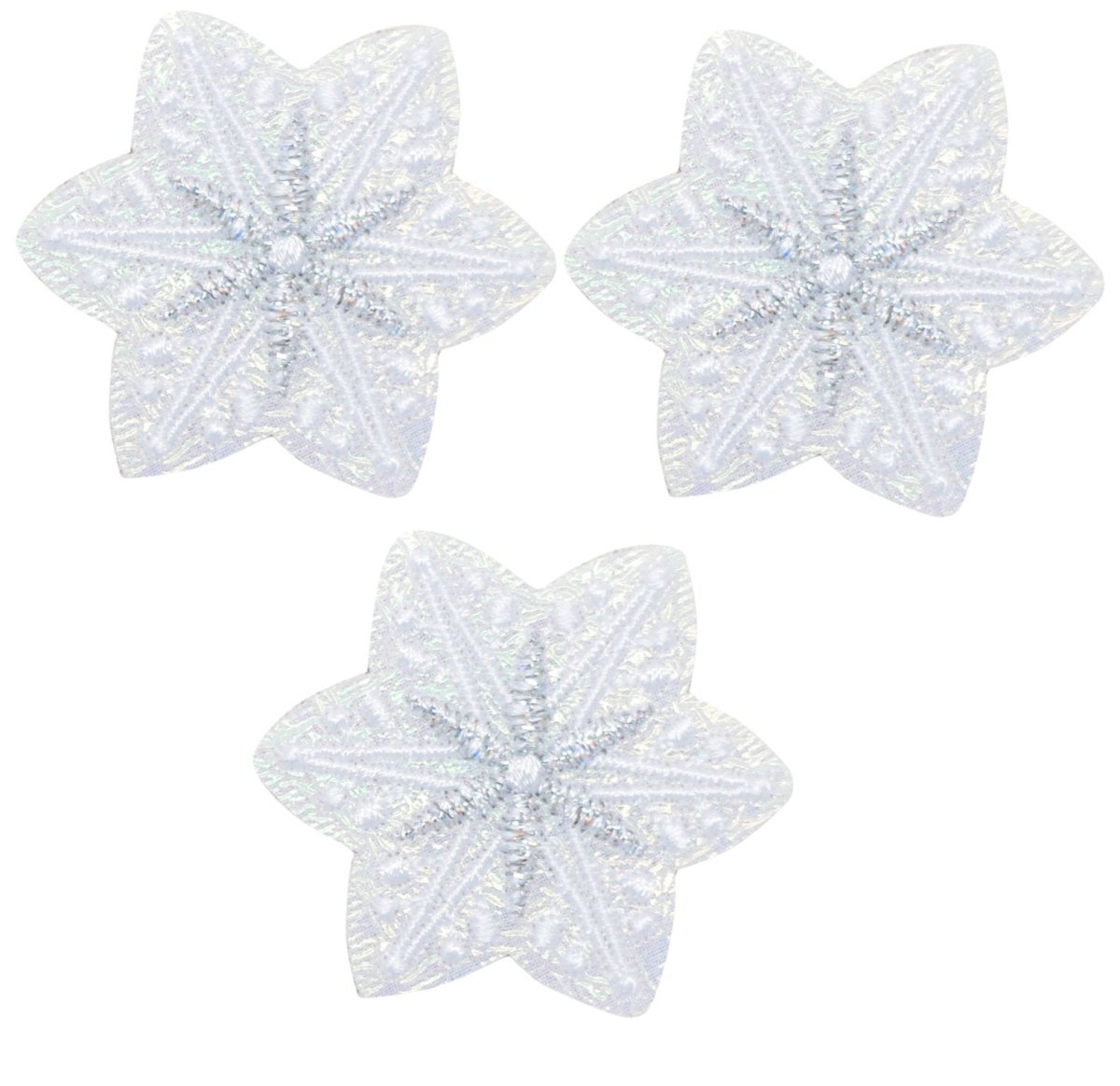 White Snowflake Embroidered Patch — 3-Pack — Iridescent, Snow, 1.5" — Iron On