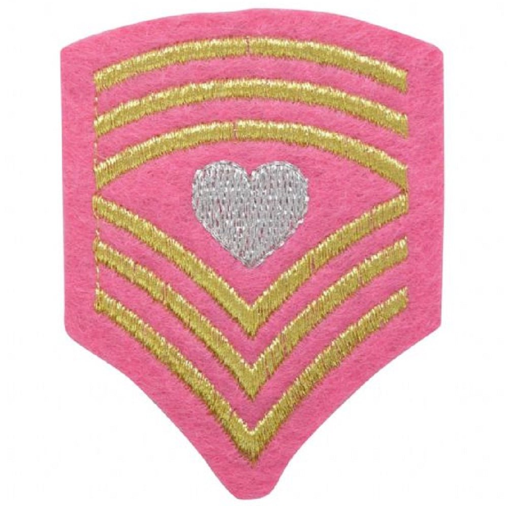 A pink and gold embroidered patch with chevron stripes and a heart badge design, intended for iron on application.