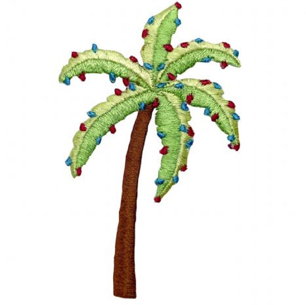 A embroidered patch depicting a palm tree with Christmas lights in red and blue, intended to be ironed onto fabric.