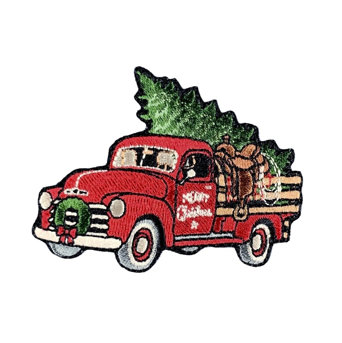christmas tree farm truck embroidered iron on patch, 2.75", front view