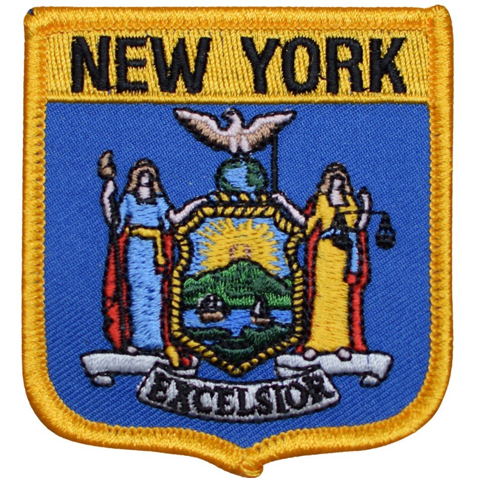 New York state flag shield embroidered iron-on patch with NEW YORK lettering