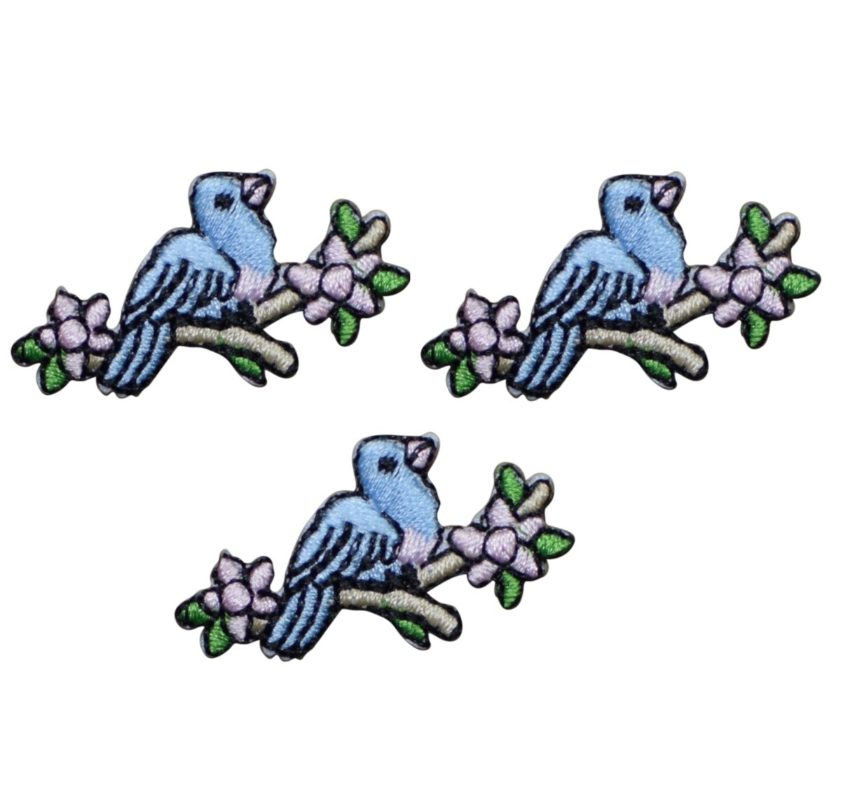 A set of three embroidered patches featuring a bird with a branch and flowers.