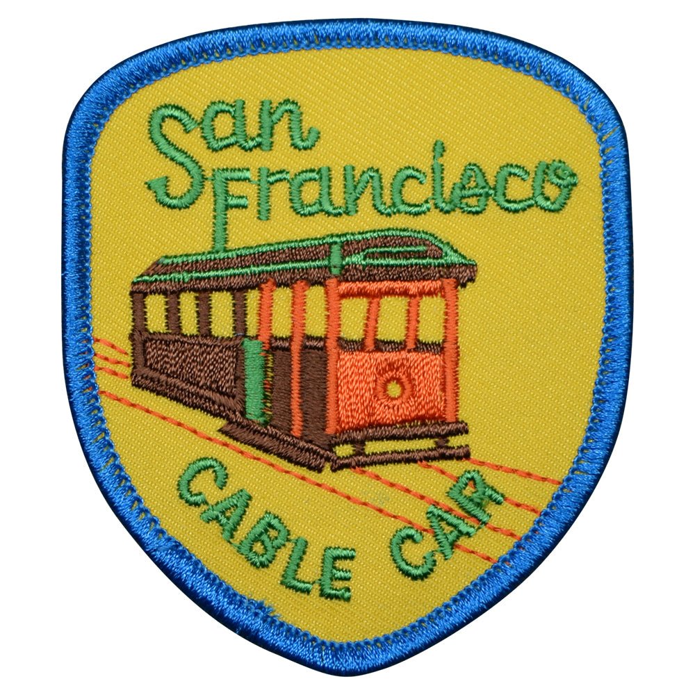 San Francisco cable-car embroidered iron-on patch, yellow shield with blue border