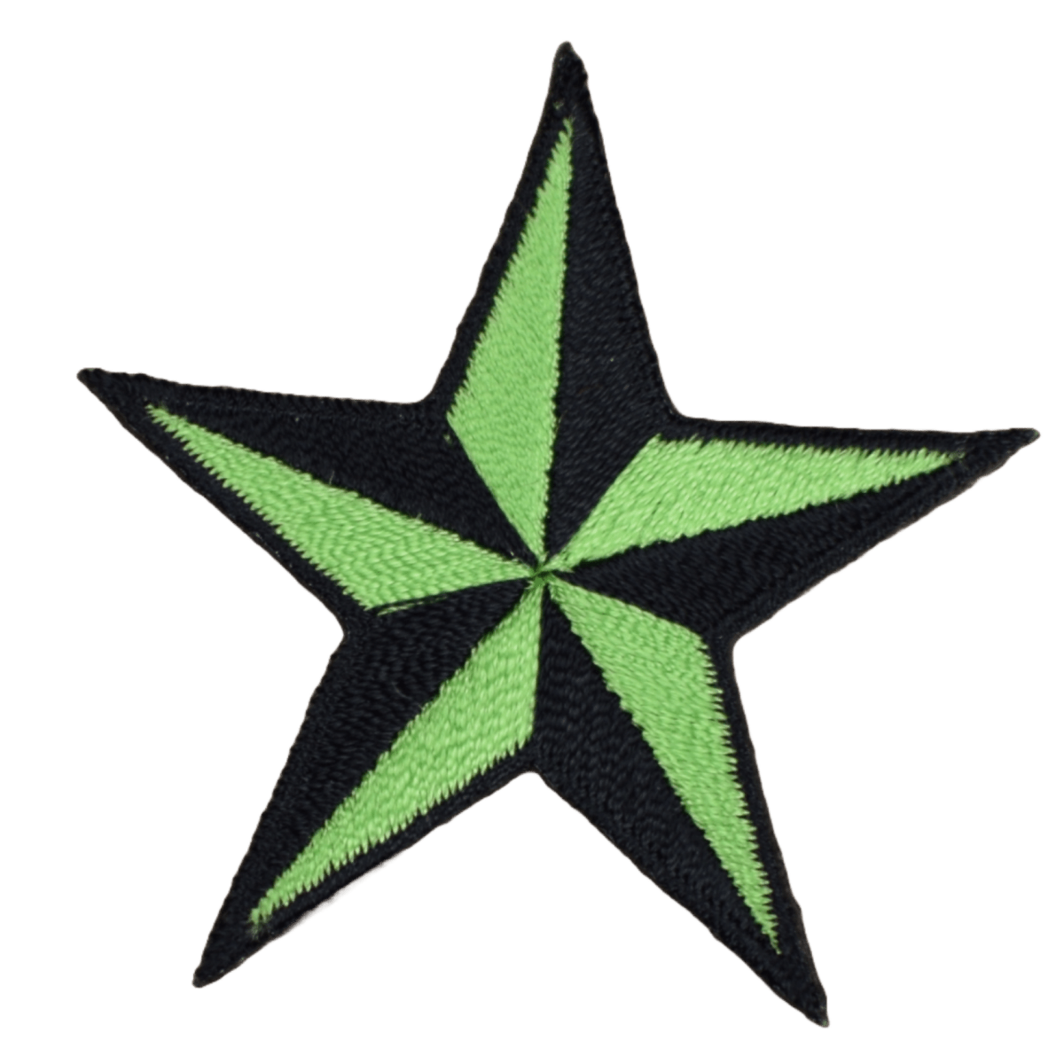 Star-shaped patch with black and green colors on a white background