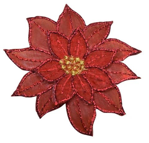 Small Poinsettia Applique Patch - Sheer Christmas Flower Bloom 1.75" (Iron on)