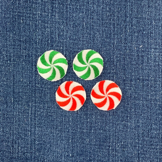 Four round peppermint candy patches: two green and white, two red and white
