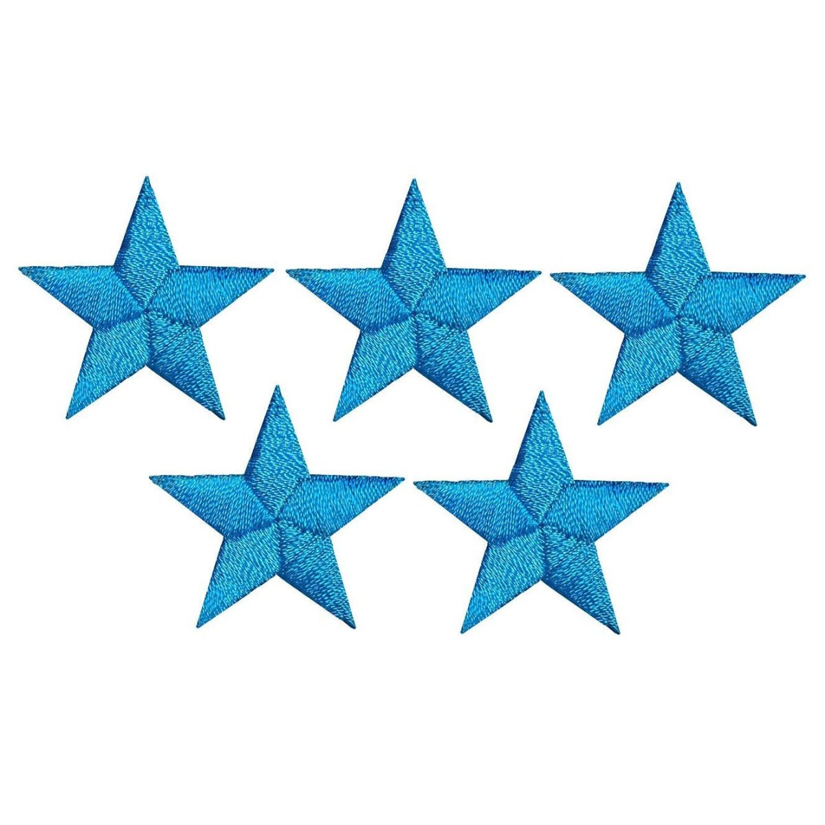 A set of five turquoise star applique patches designed for ironing on to fabric.