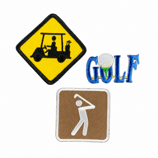 Complete three-patch golf set on white: golf cart crossing sign, GOLF word and ball, and golfer sign