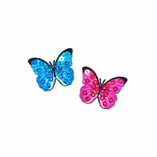 Complete two-patch set: pink and blue sequin butterflies on white