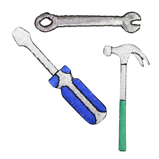 3-Pack Tool Applique Patch Set - Embroidered Hammer Wrench & Screwdriver Badges (Iron On)