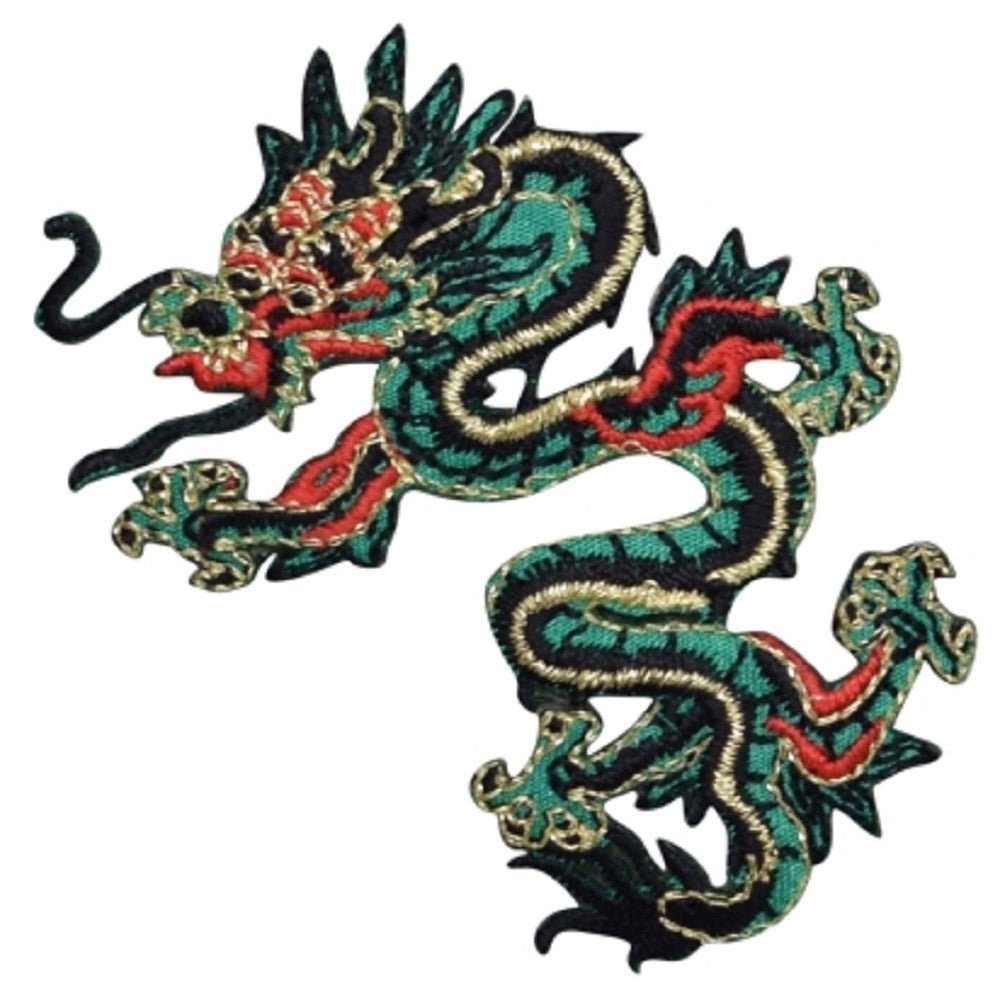 Green Dragon Applique Patch - Facing Left Power Strength Good Luck Badge 3" (Iron On)