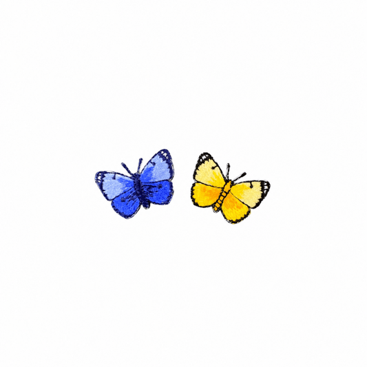 Complete 2-Pack Butterfly Patch Set - Mini Embroidered Blue & Yellow Insect Badges 1-1/8" (Iron On) on white background