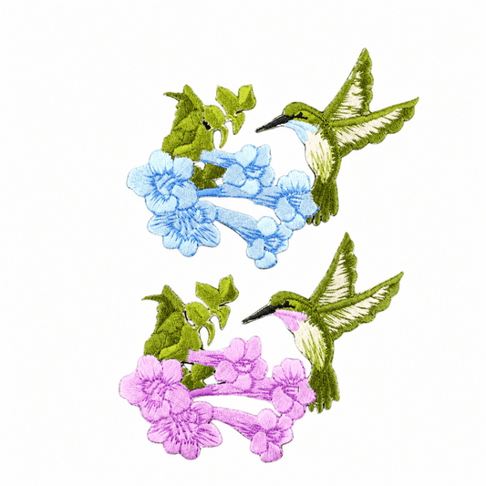 Complete 2-Pack Hummingbird Applique Patch Set - Embroidered Flowers & Bird Badge 3.5" (Iron On) on white background