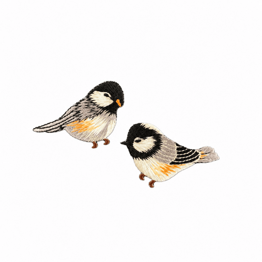 Complete 2-Pack Chickadee Applique Patch Set - Embroidered Bird Badges (Iron On) on white background