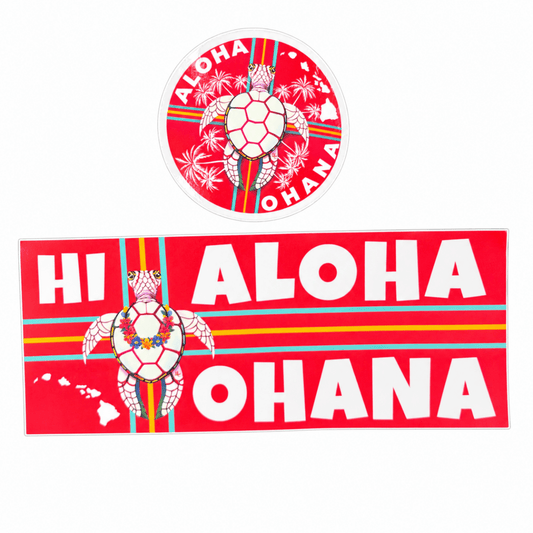 Complete Aloha Ohana Hawaii Sticker Set Vinyl Hawaiian Islands Beach Turtle Theme Decals on white background