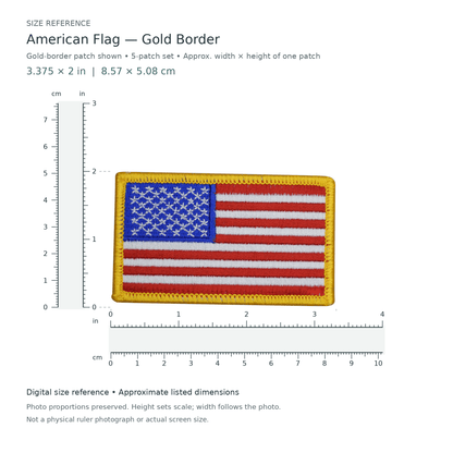American Flag — Gold Border: one patch shown from the 5-patch assorted set, approximately 27/8 inches wide by 2 inches tall per patch, with digital inch and centimetre rulers.