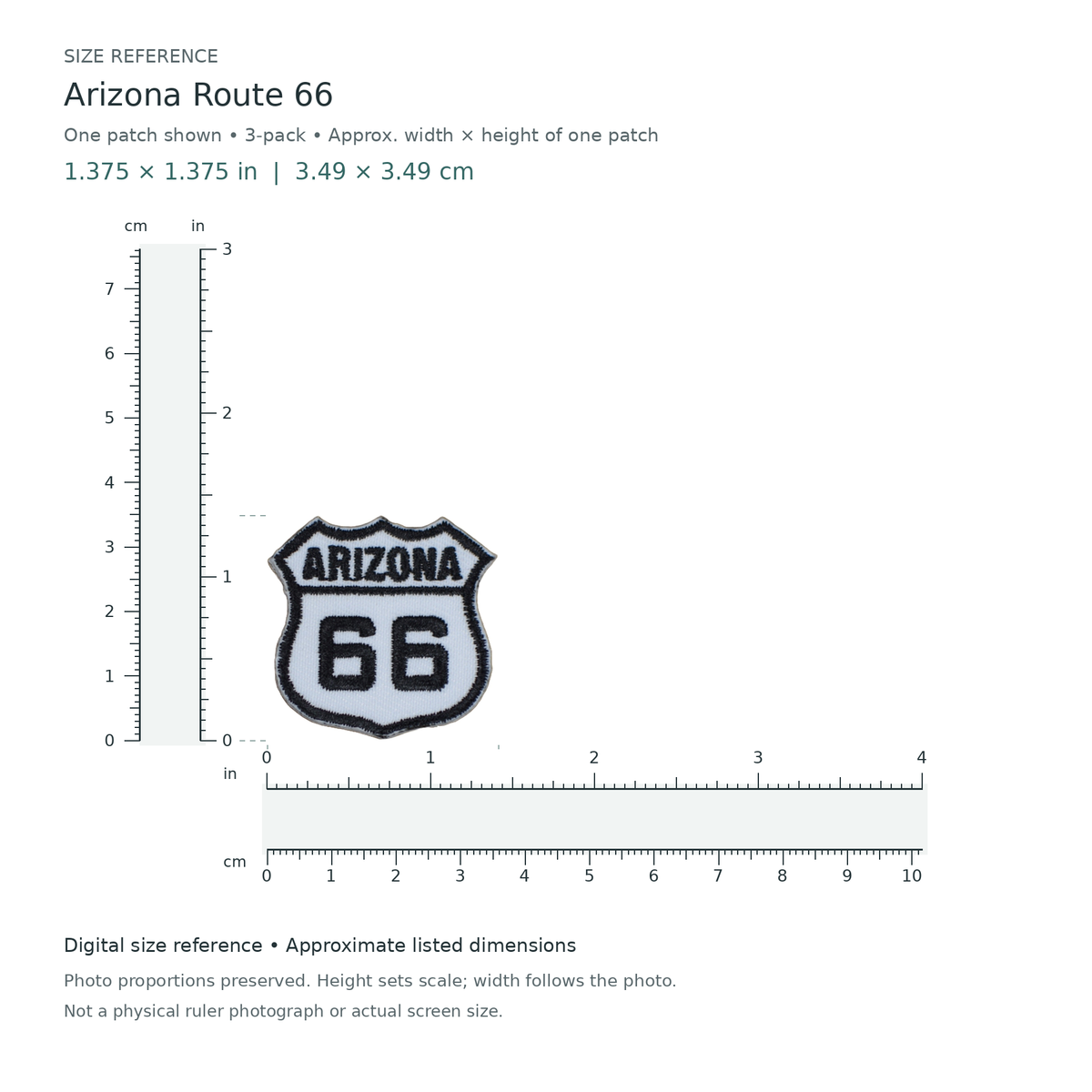 Arizona Route 66: one patch shown from the 3-patch pack, approximately 11/8 inches wide by 11/8 inches tall per patch, with digital inch and centimetre rulers.