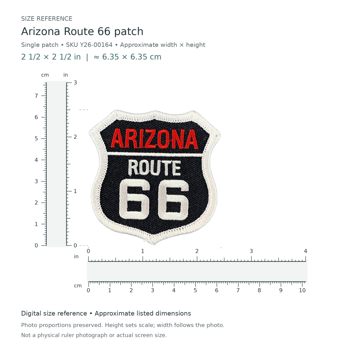 Arizona route 66 patch, approximately 2 1/2 inches wide by 2 1/2 inches tall, shown with digital inch and centimetre rulers.
