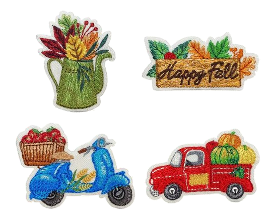 Autumn four-pack arranged in two rows: watering can with leaves, Happy Fall sign, blue scooter with apple basket, and red truck with pumpkins.
