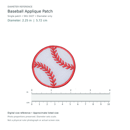 Digital size reference for Baseball Applique Patch (SKU 2427): approximate 2.25 inch diameter; original photo proportions preserved.
