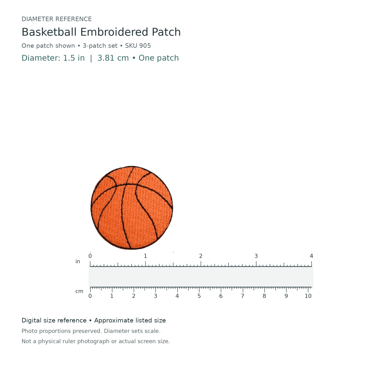 Digital size reference for one Basketball Embroidered Patch (SKU 905) from the 3-patch set: approximate 1.5 inch diameter of one patch, not the whole set.