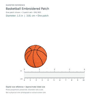 Digital size reference for one Basketball Embroidered Patch (SKU 905) from the 3-patch set: approximate 1.5 inch diameter of one patch, not the whole set.