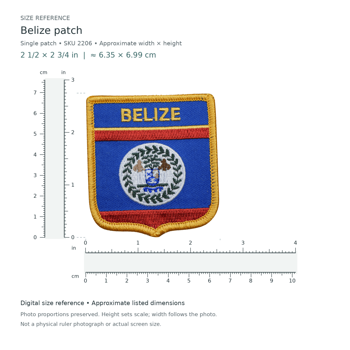 Belize patch, approximately 2 1/2 inches wide by 2 3/4 inches tall, shown with digital inch and centimetre rulers.