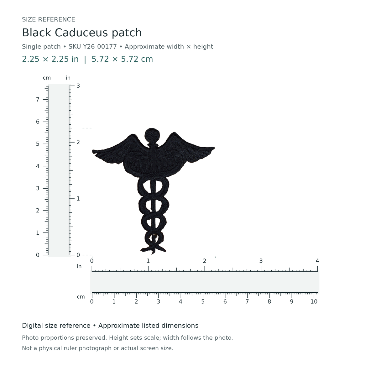 Black Caduceus patch: single patch, approximately 2 1/4 inches wide by 2 1/4 inches tall, with digital inch and centimetre rulers.