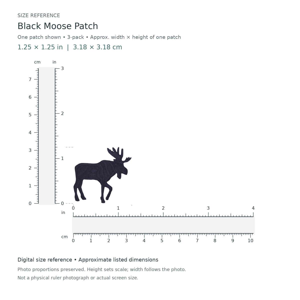 Black Moose Patch: one patch shown from the 3-patch pack, approximately 1.25 inches wide by 1.25 inches tall per patch, with digital inch and centimetre rulers.