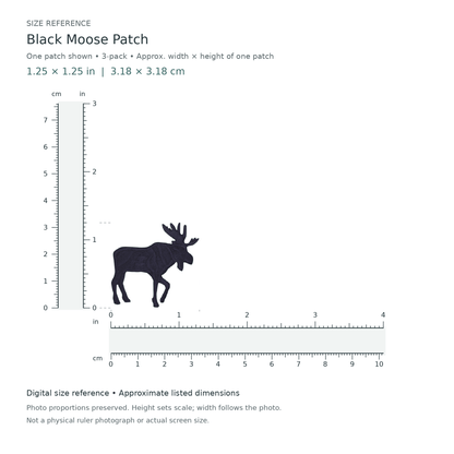 Black Moose Patch: one patch shown from the 3-patch pack, approximately 1.25 inches wide by 1.25 inches tall per patch, with digital inch and centimetre rulers.
