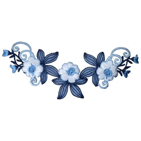 Blue and White Flower Embroidered Patch - 5-3/8" - Iron On - front view