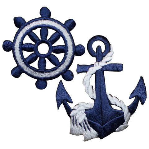 Anchor & Ship's Wheel Applique Patch Set - White/Navy Blue (2-Pack, Iron on)