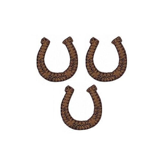three brown horseshoe patches on a white background