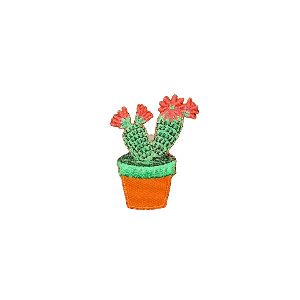 Cactus plant patch with pink flowers on denim fabric