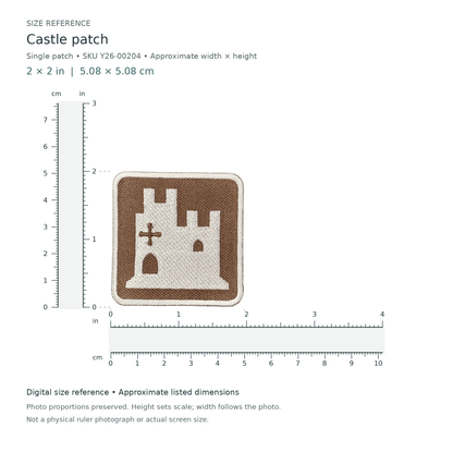 Castle patch: single patch, approximately 2 inches wide by 2 inches tall, with digital inch and centimetre rulers.