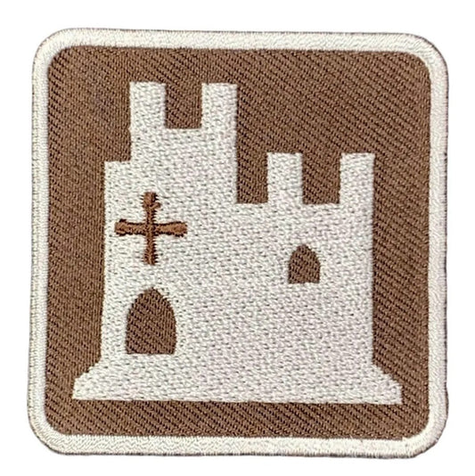 castle embroidered iron on patch, 2", front view