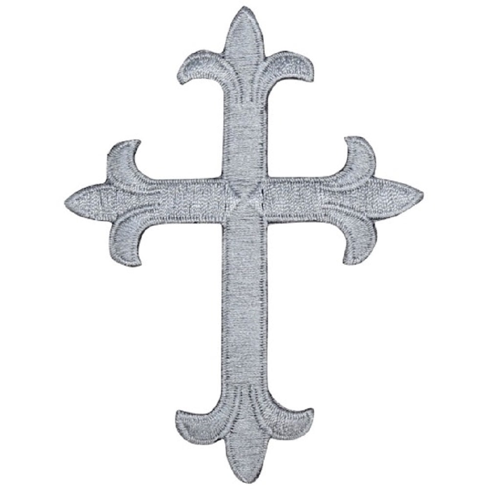 Gray embroidered cross patch with decorative flared ends on a white background