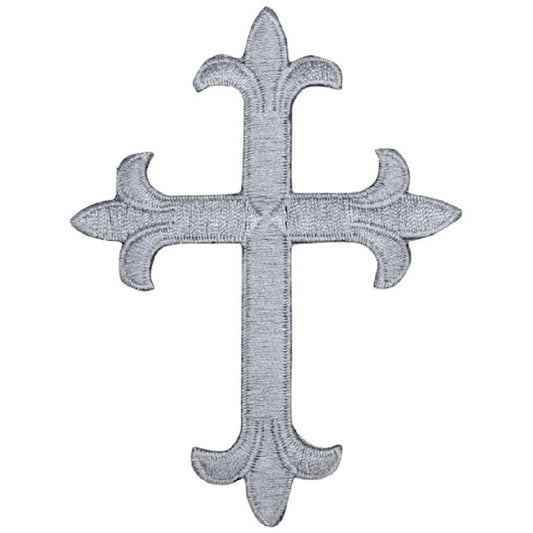 Gray embroidered cross patch with decorative flared ends on a white background