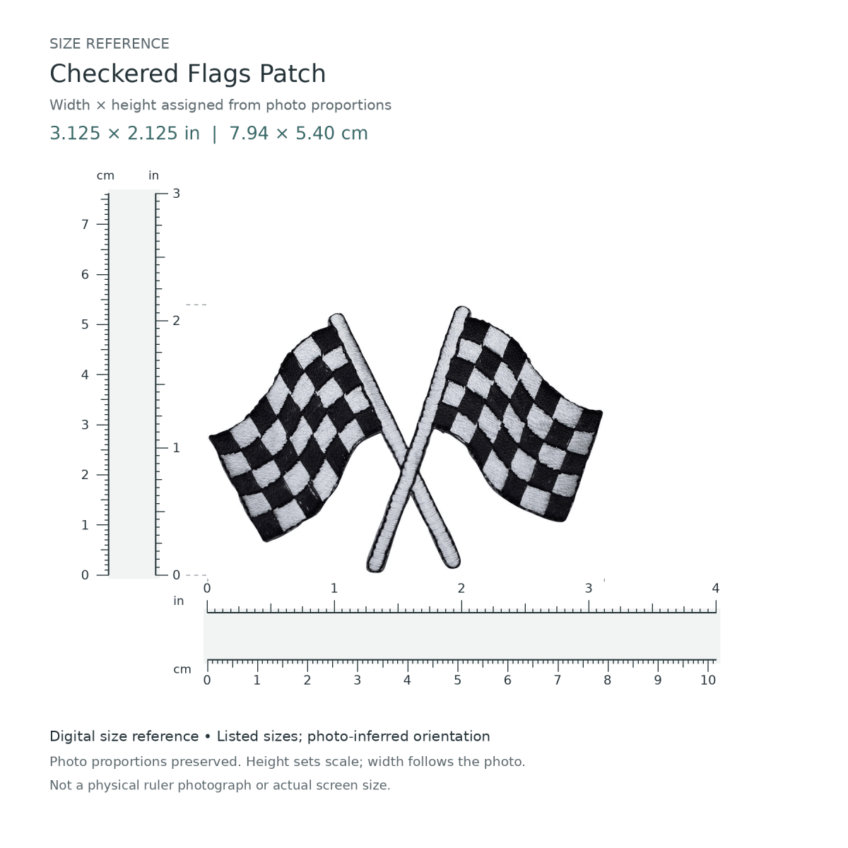 Digital size reference for Checkered Flags Patch (SKU 2332): approximate 3.125 inch width by 2.125 inch height; axis order inferred from photo proportions.