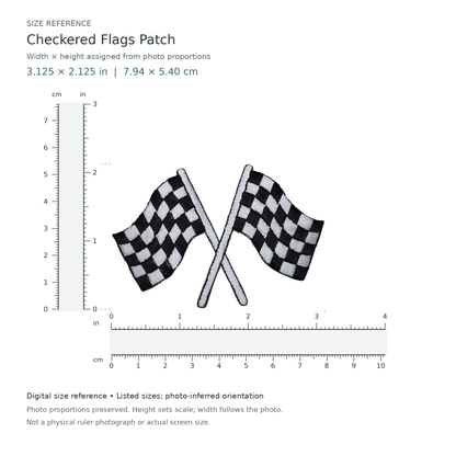 Digital size reference for Checkered Flags Patch (SKU 2332): approximate 3.125 inch width by 2.125 inch height; axis order inferred from photo proportions.