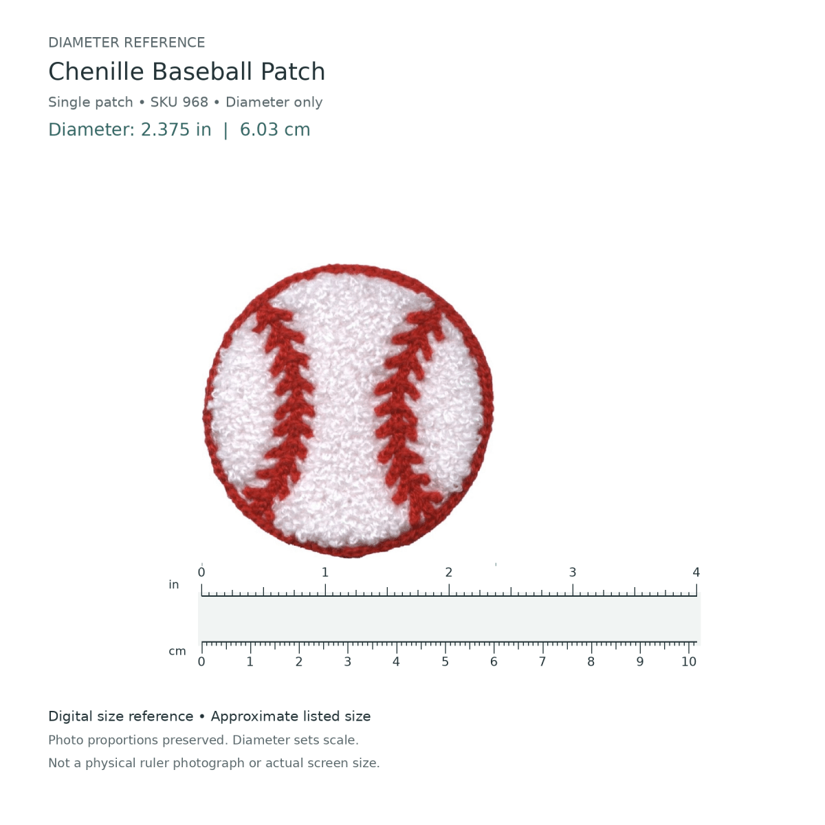 Digital size reference for Chenille Baseball Patch (SKU 968): approximate 2.375 inch diameter; original photo proportions preserved.